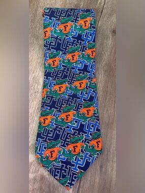 University of Florida Gator Print Necktie in Navy, Orange & Green. 100% Silk.